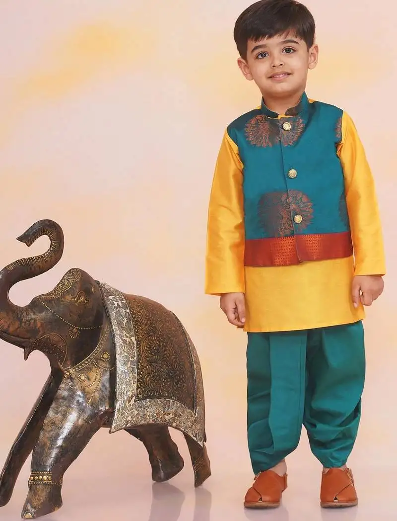 Green-yellow printed silk attached silk jacket kurta with dhoti for boys