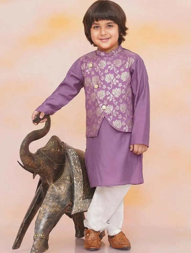 Purple printed jacquard attached jacket silk kurta set for boys
