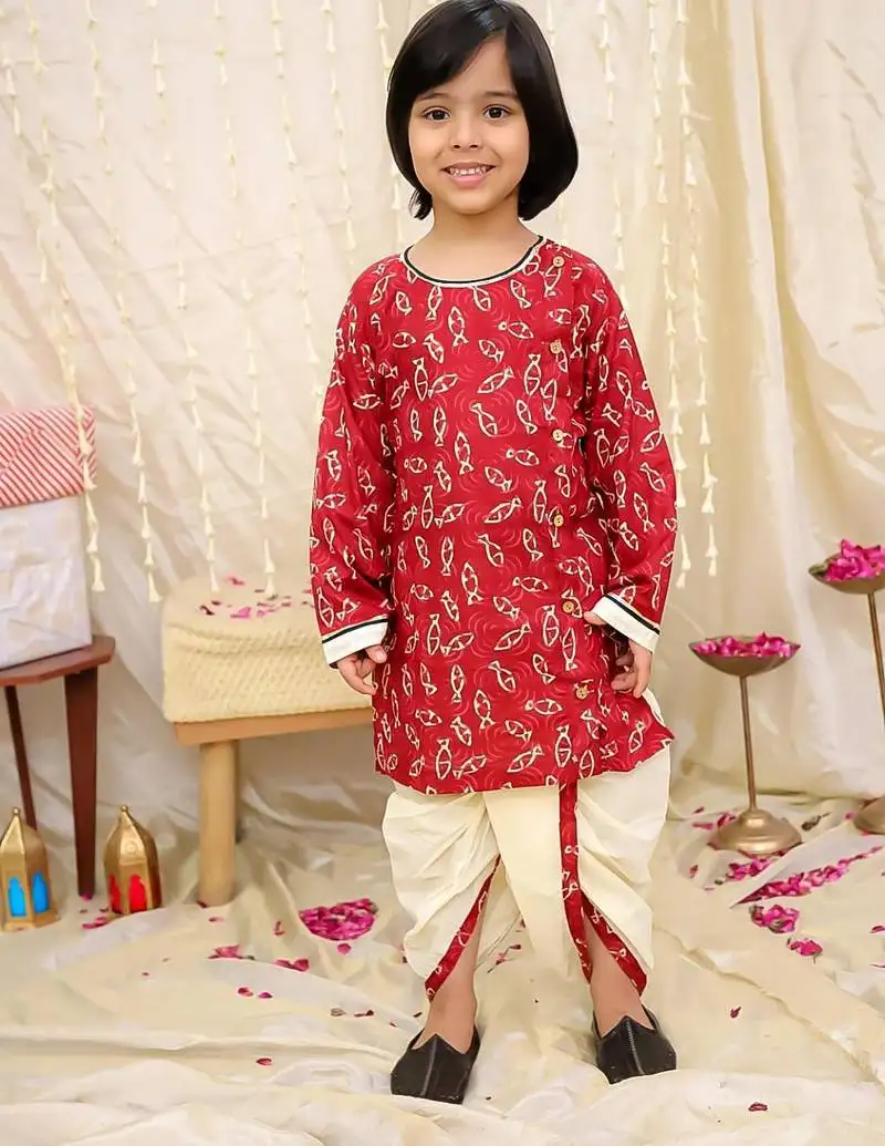 Maroon printed cotton jaltarang kurta dhoti set for boys