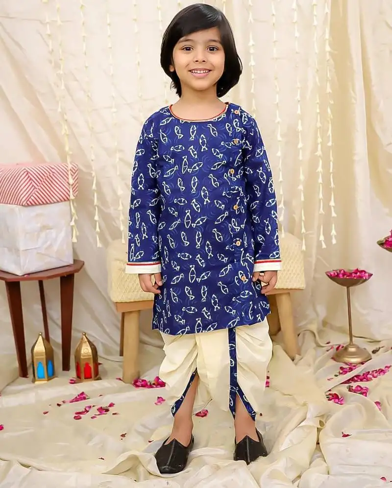 Navy printed cotton jaltarang kurta dhoti set for boys