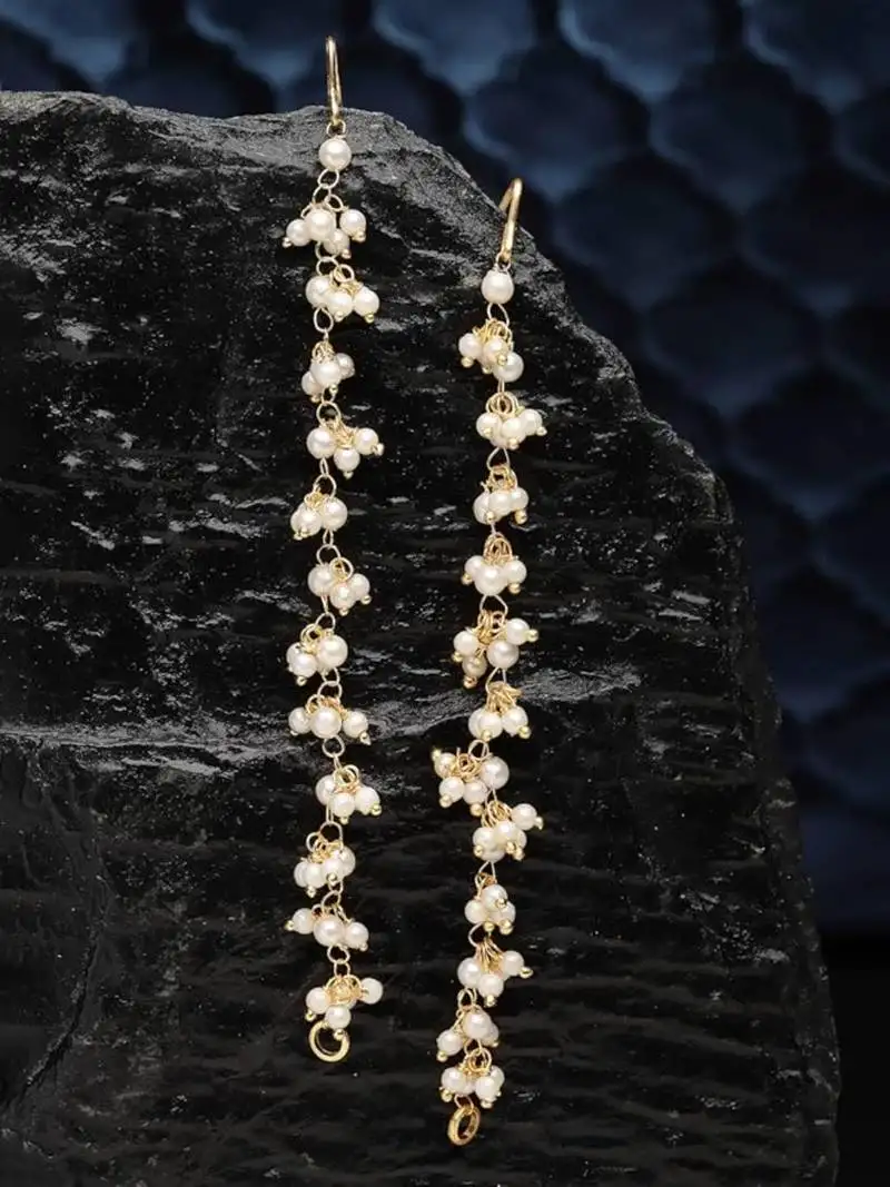 Women gold plated pearls studded classic layered ear chain earrings