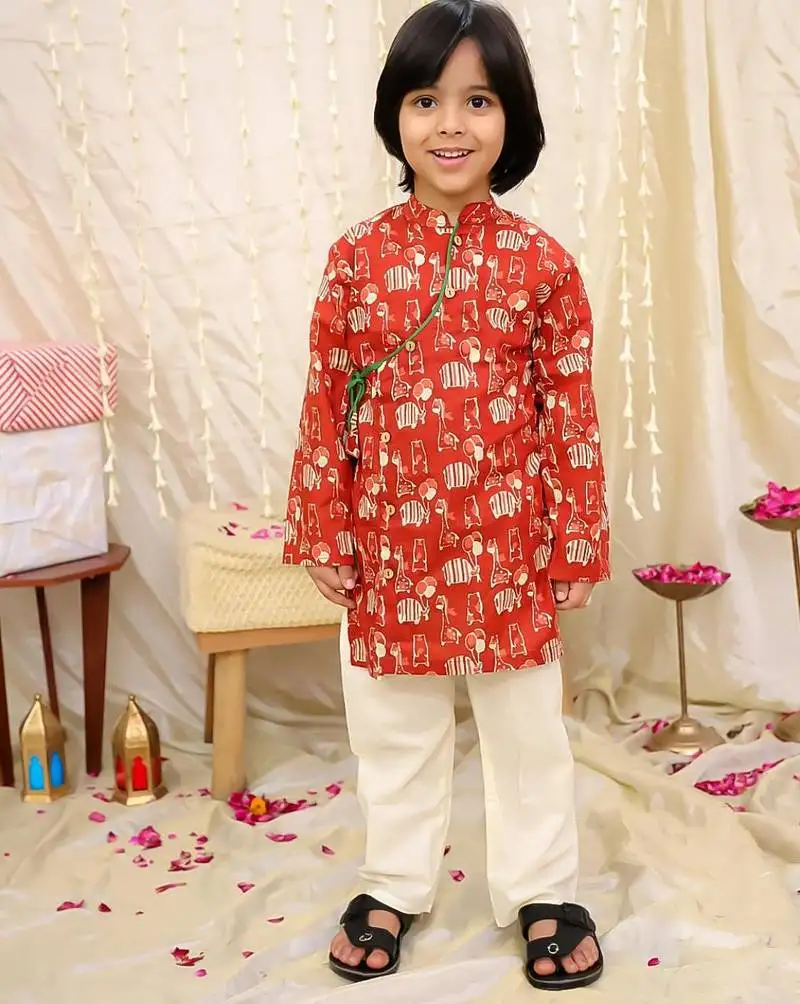 Maroon printed cotton jungle jam kurta pyjama set for boys