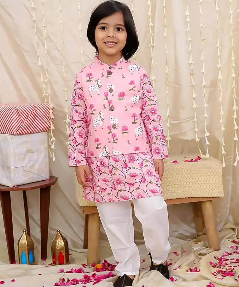 Pink printed cotton nandi motif jacket kurta set for boys