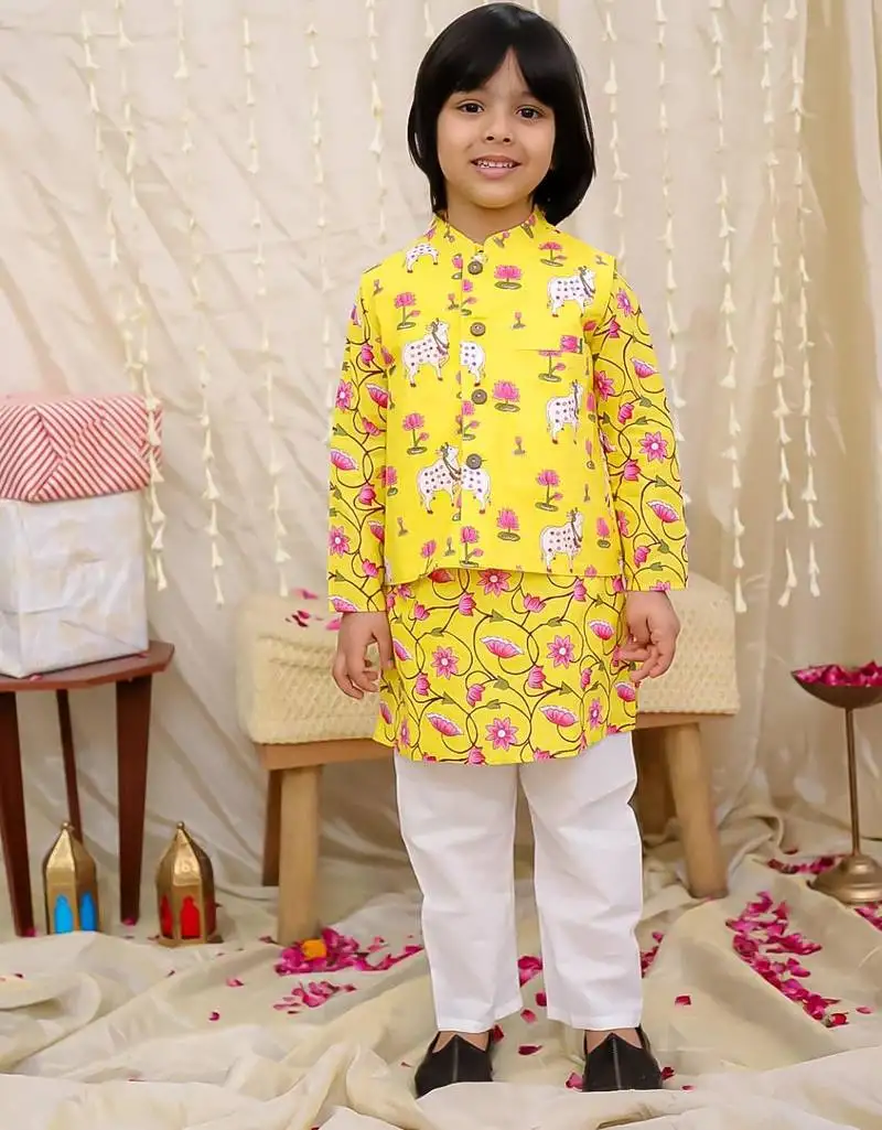 Yellow printed cotton nandi motif jacket kurta set for boys