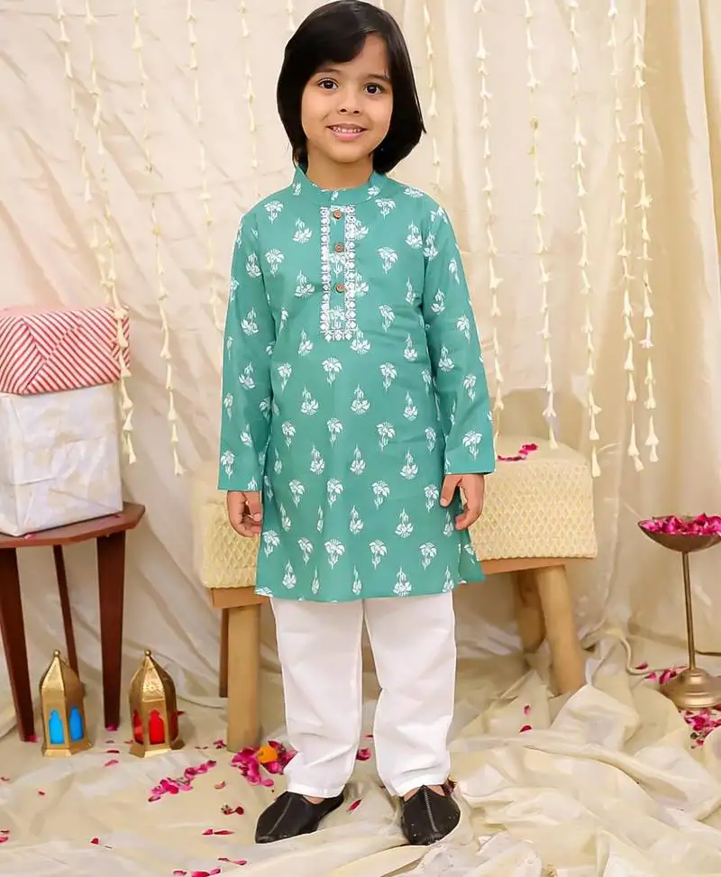 Green printed cotton floral tiny threads kurta pajama set for boys