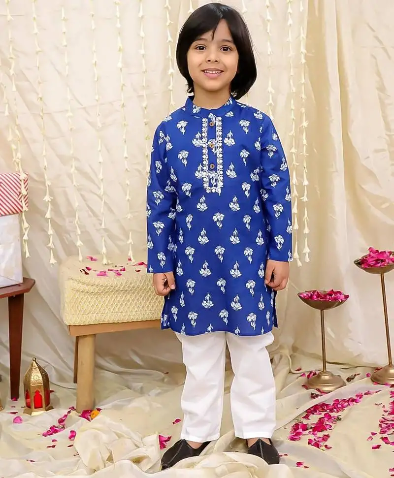 Blue printed cotton floral tiny threads kurta pajama set for boys