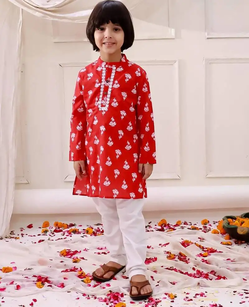 Red printed cotton floral tiny threads kurta pajama set for boys