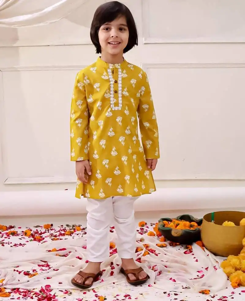 Mustard printed cotton floral tiny threads kurta pajama set for boys
