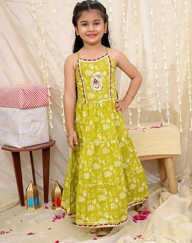 Green printed cotton jungle jam long dress for girls