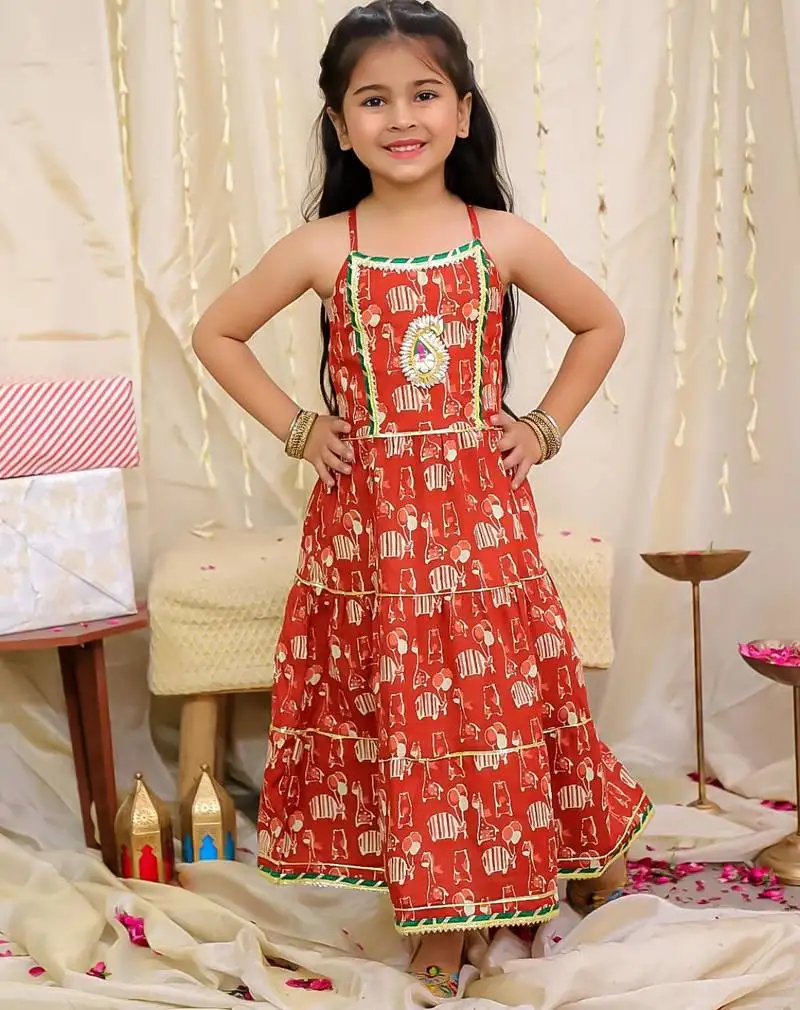 Maroon printed cotton jungle jam long dress for girls