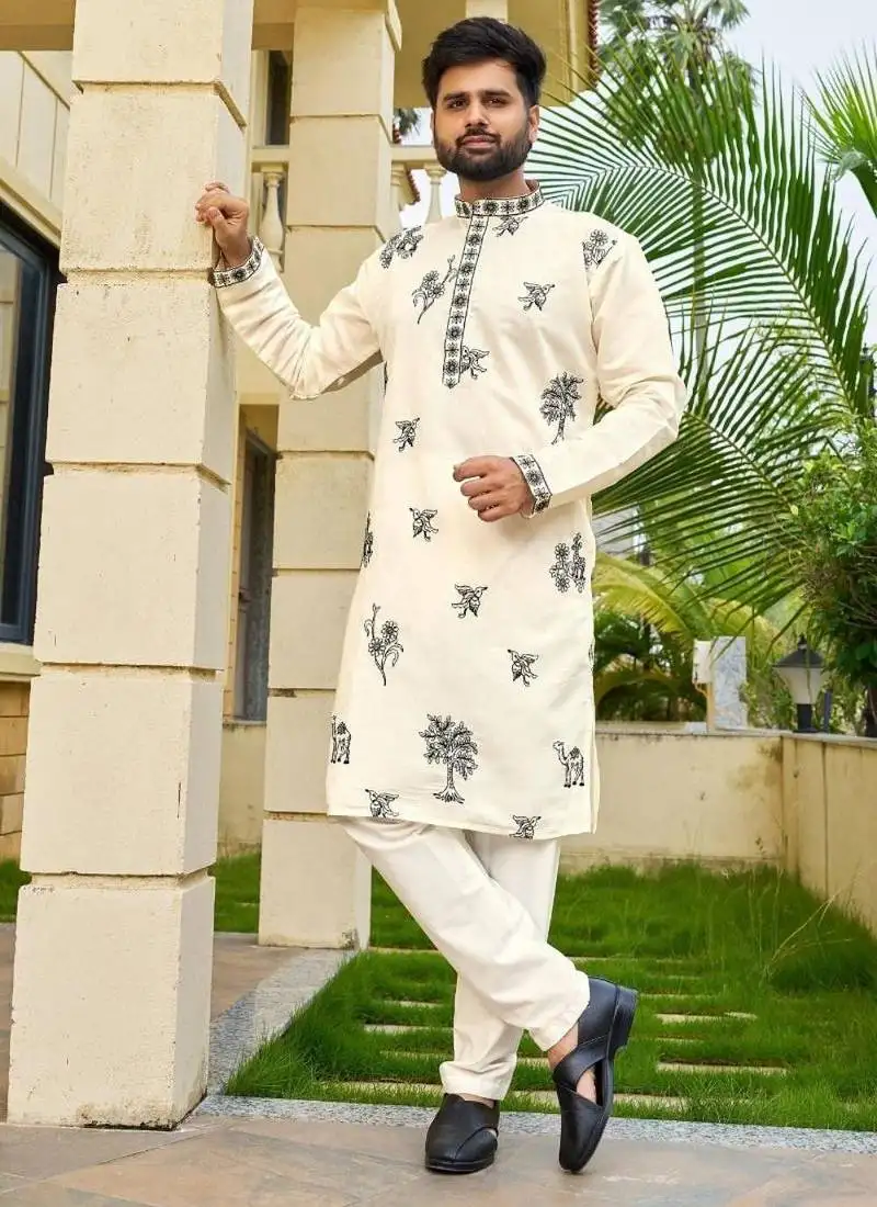 Cream roman silk kurta with black embroidery work