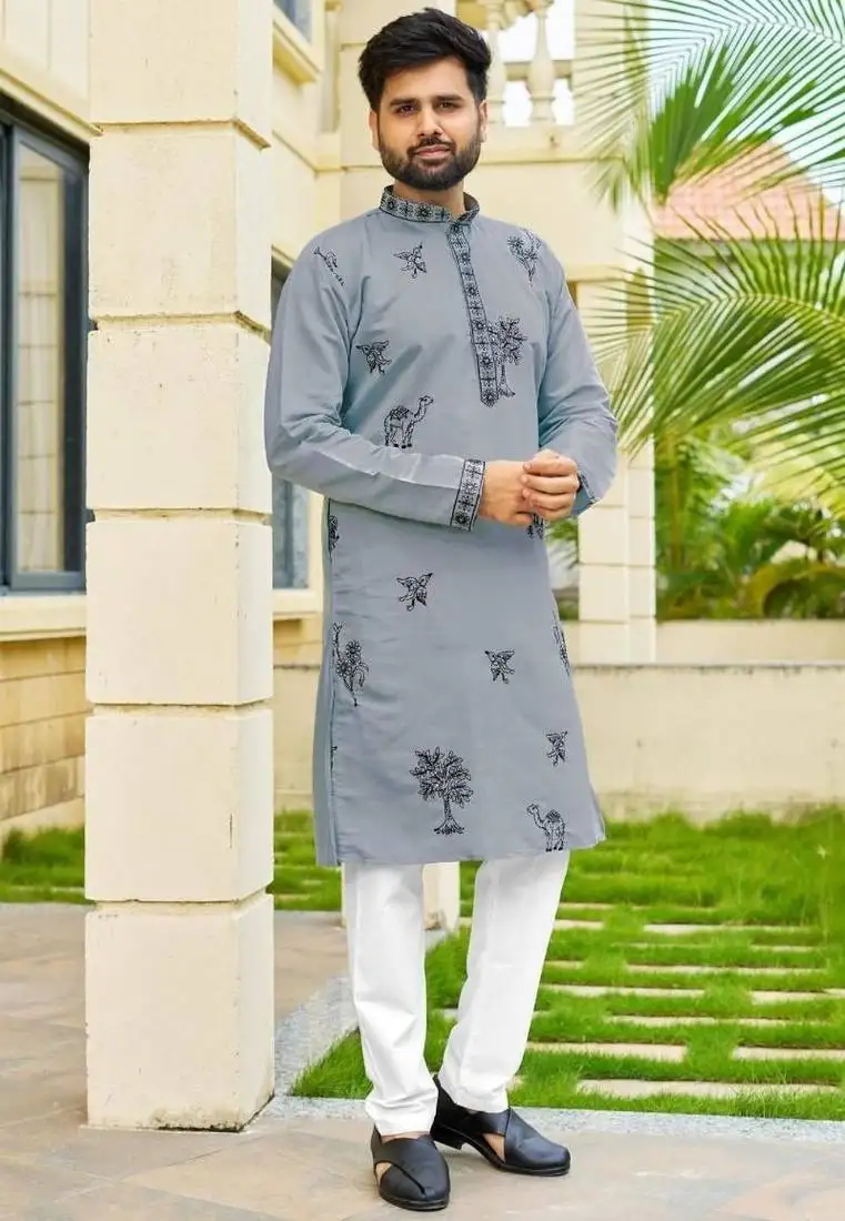 Grey roman silk kurta with black embroidery work