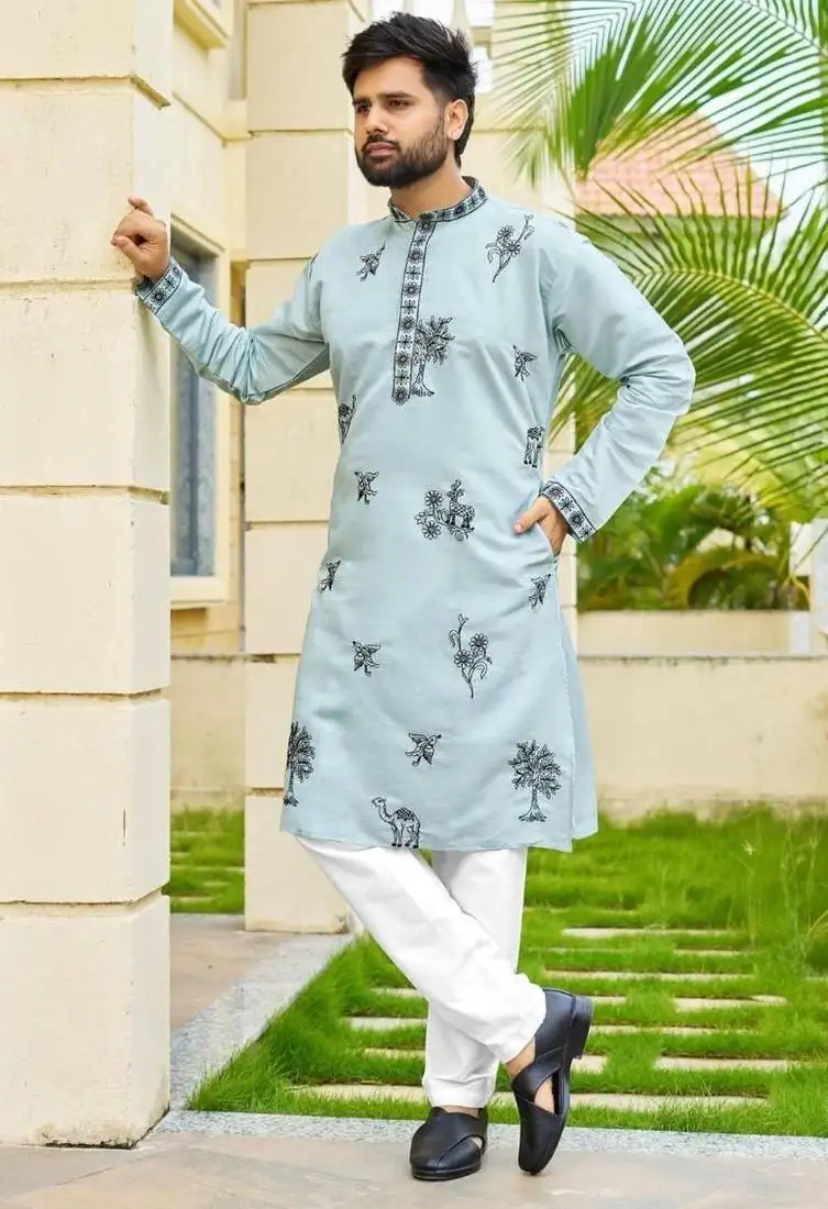 Light teal roman silk kurta with black embroidery work