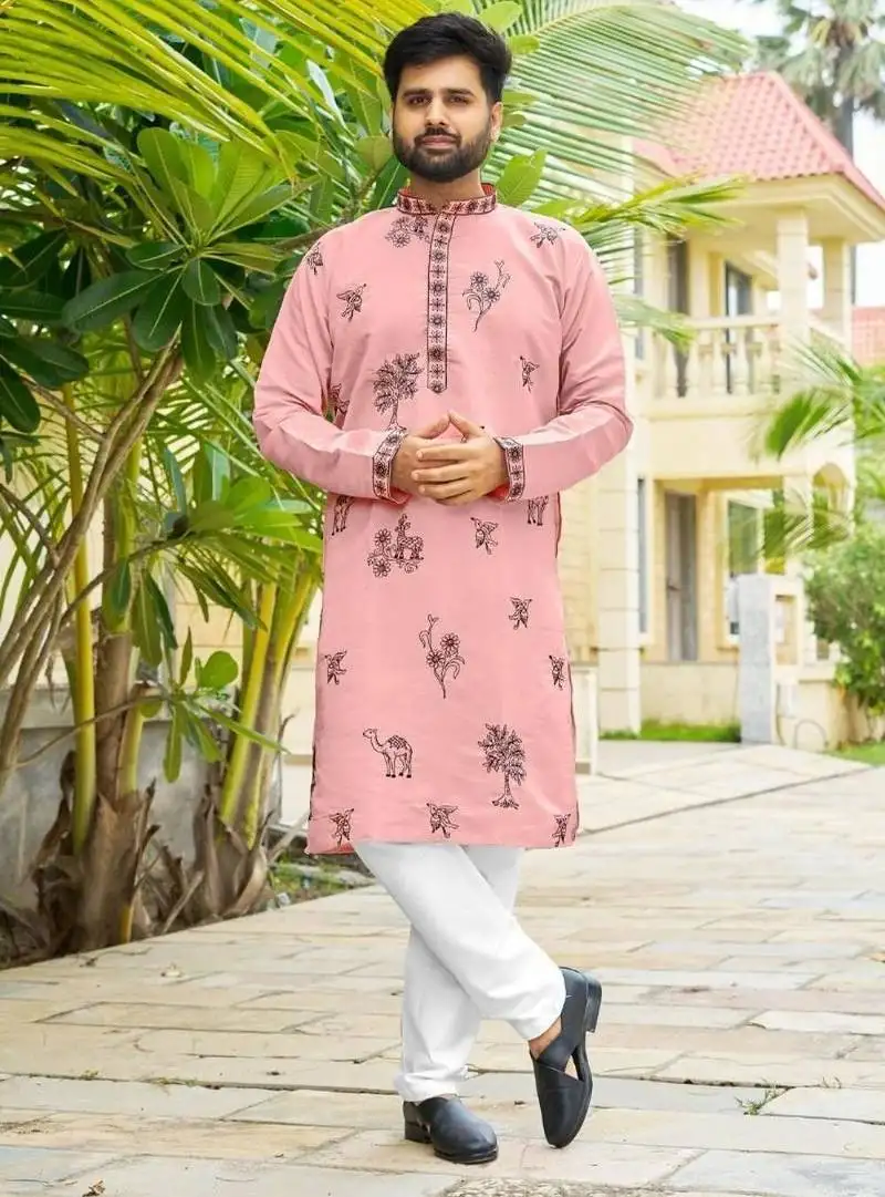 Pastel pink roman silk kurta with black embroidery work
