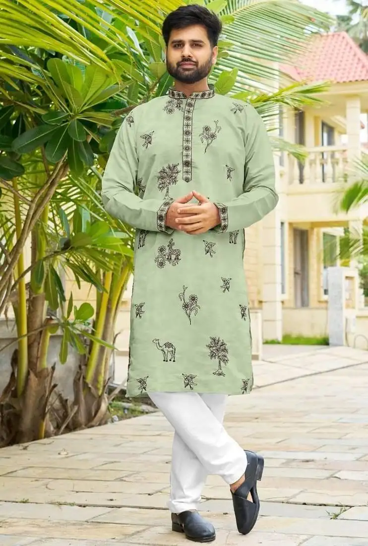 Pastel pista roman silk kurta with black embroidery work
