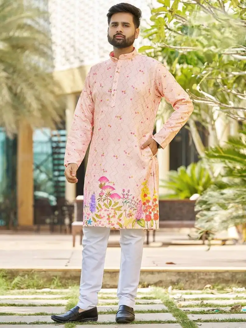 Light peach, heavy rayon with floral garden digital print, modern festive kurta with white pajama