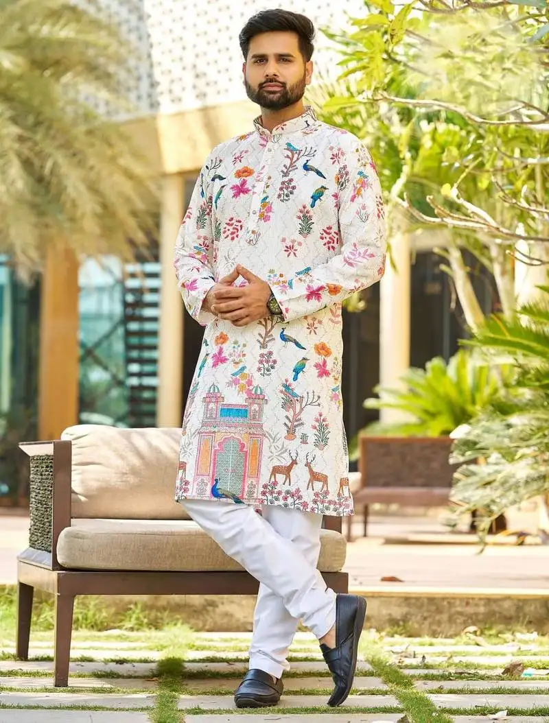 Off-white, heavy rayon with multi-color bird & deer digital print, festive kurta with white pajama