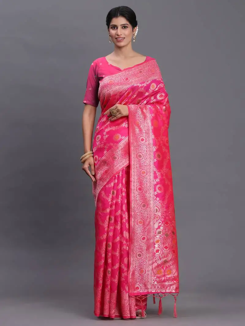 Pink banarasi silk blend saree with floral zari weaving