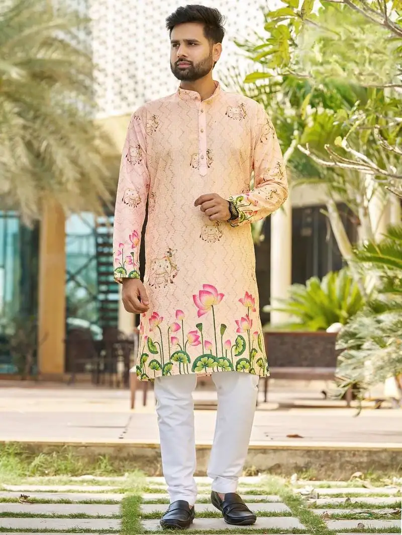 Peach, heavy rayon with embroidery & lotus digital print, straight-fit kurta with white pajama