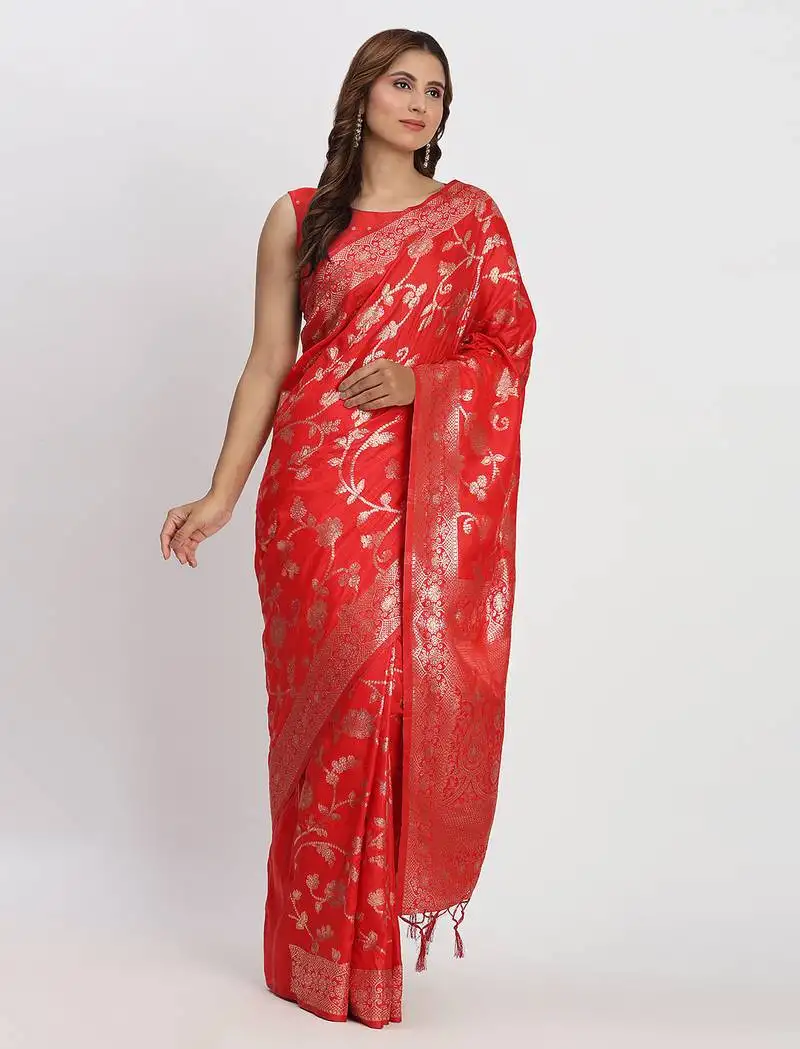 Red pure banarasi silk blend saree