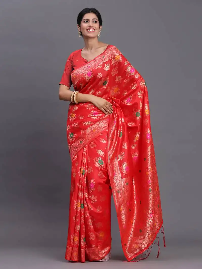 Red banarasi silk blend saree with floral zari weaving