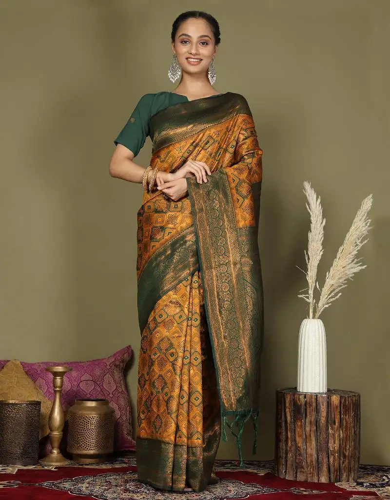 Red and yellow silk blend saree with rich woven pallu