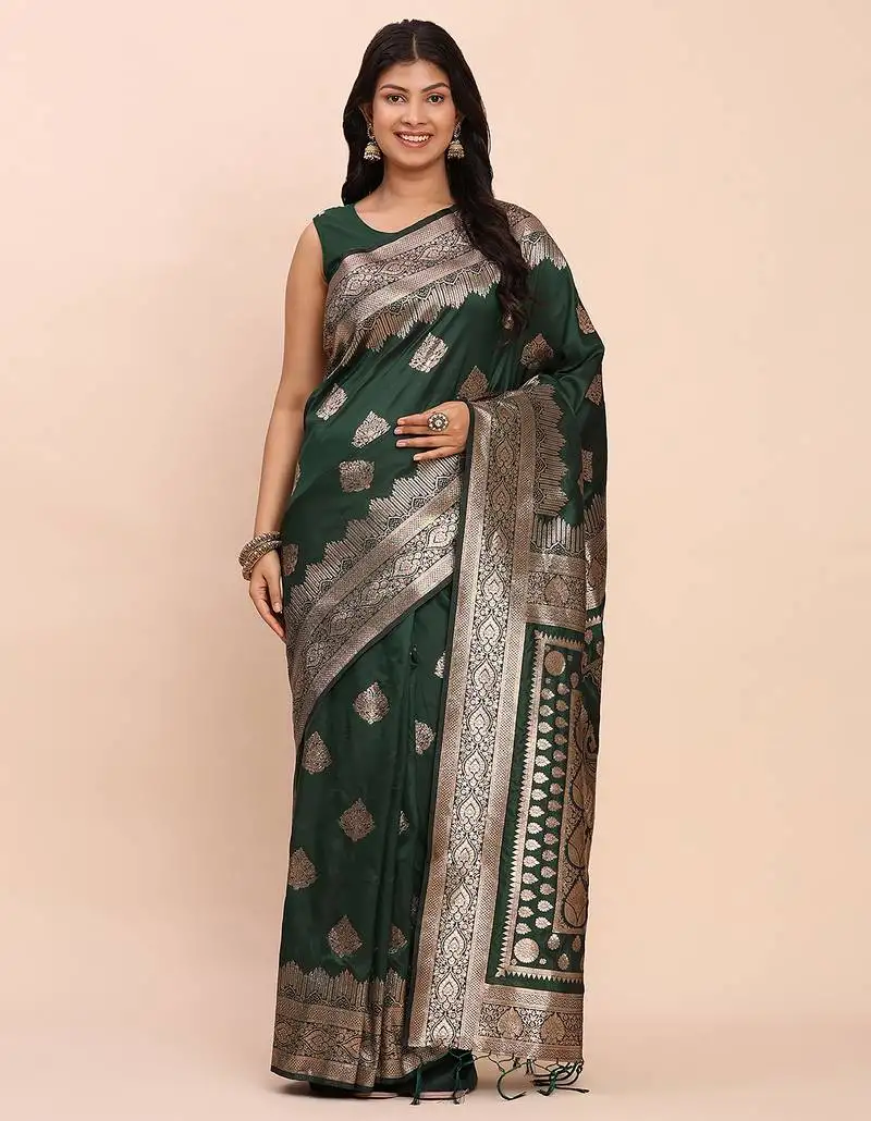Dark green banarasi silk blend saree with zari weaving border and pallu