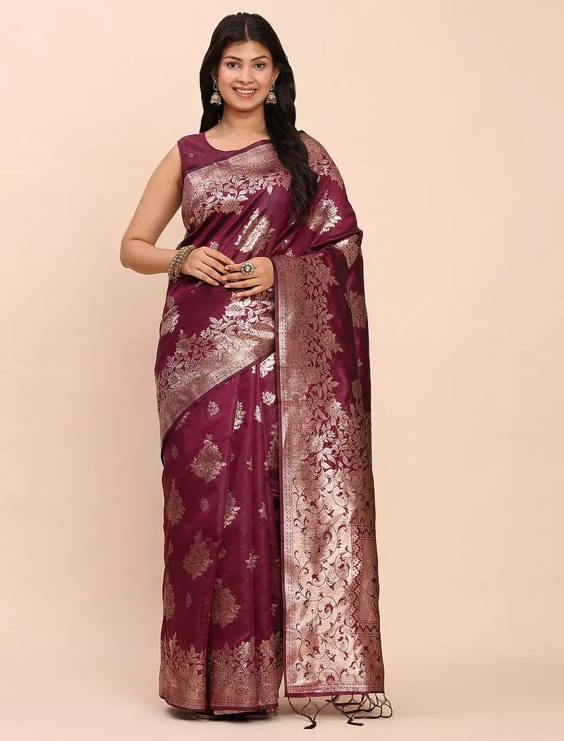 Purple banarasi silk blend saree with zari weaving border and pallu