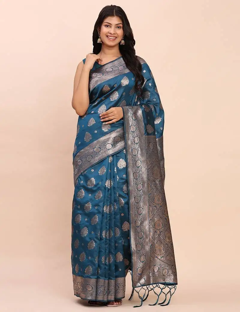 Sea green banarasi silk blend saree with zari weaving border and pallu