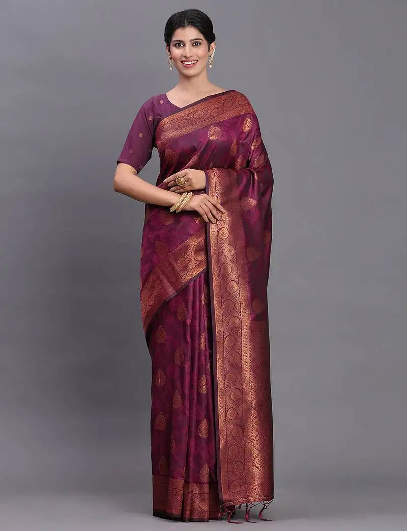 Purple banarasi silk blend saree with copper zari woven pallu