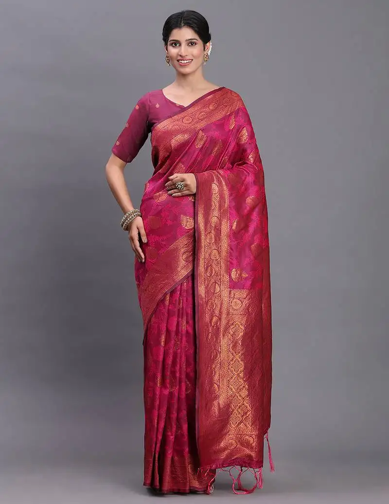 Pink banarasi silk blend saree with copper zari woven pallu