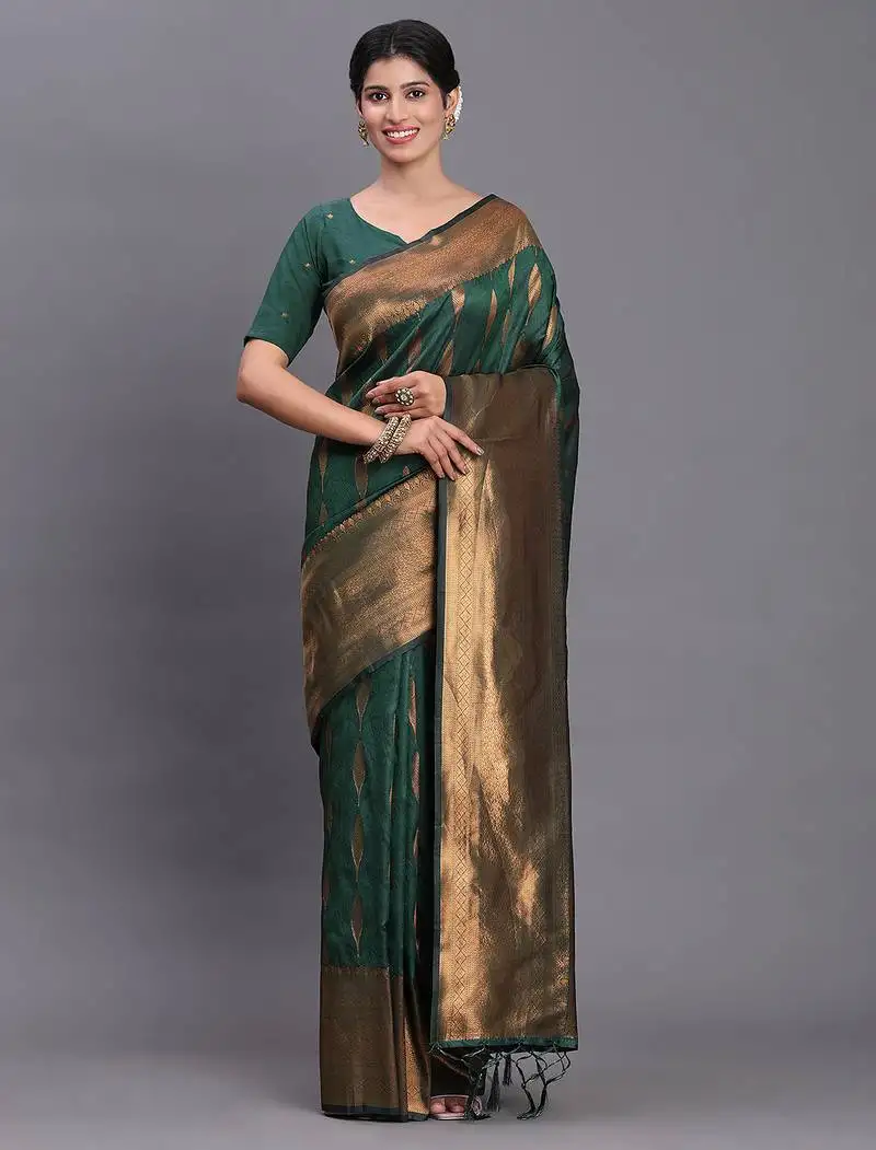 Dark green banarasi silk blend saree with copper zari woven pallu