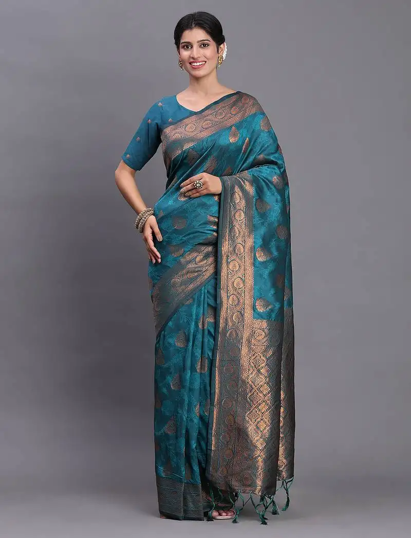 Teal blue banarasi silk blend saree with copper zari woven pallu