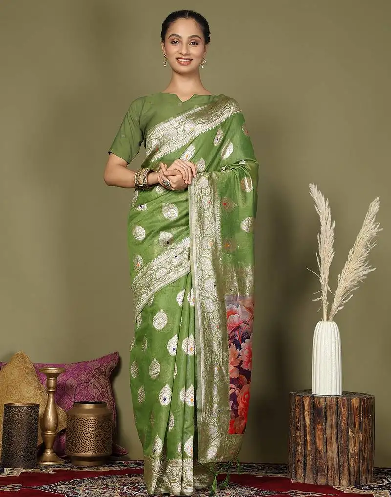 Green floral linen cotton saree with zari border and digital printed pallu