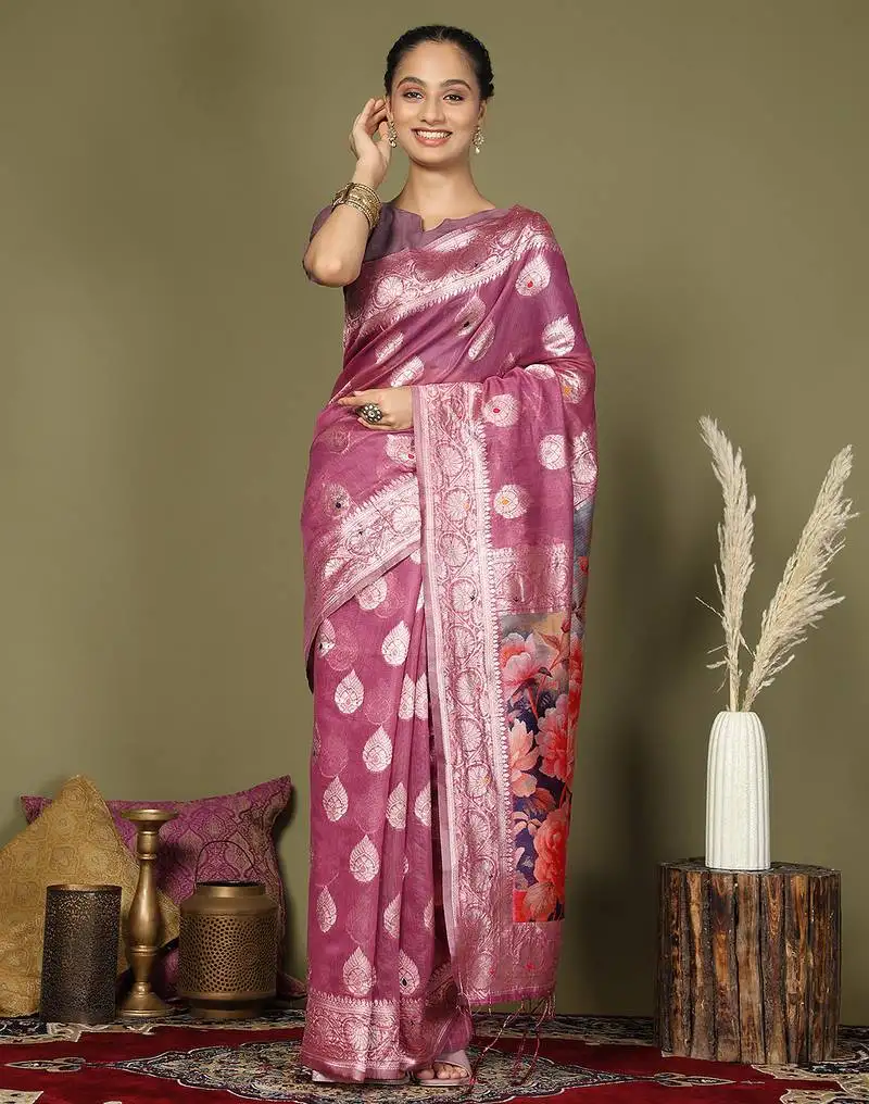 Rose pink floral linen cotton saree with zari border and digital printed pallu