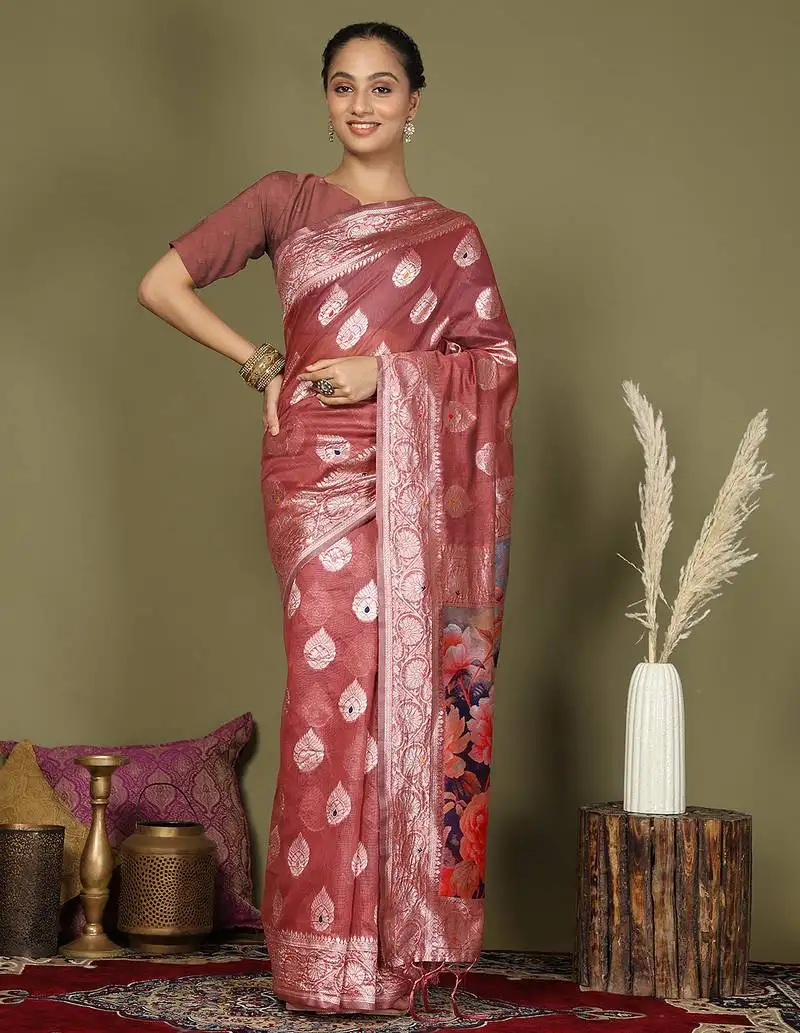 Rust floral linen cotton saree with zari border and digital printed pallu