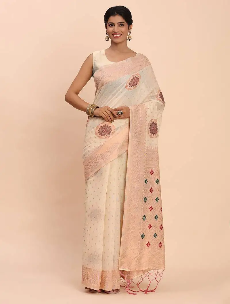 Off white linen cotton saree with woven pallu butta work and tassels