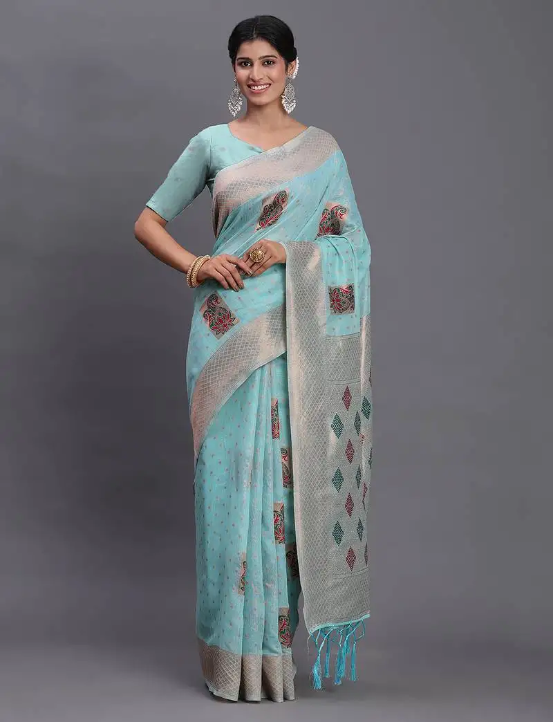 Sky blue linen cotton saree with woven pallu butta work and tassels