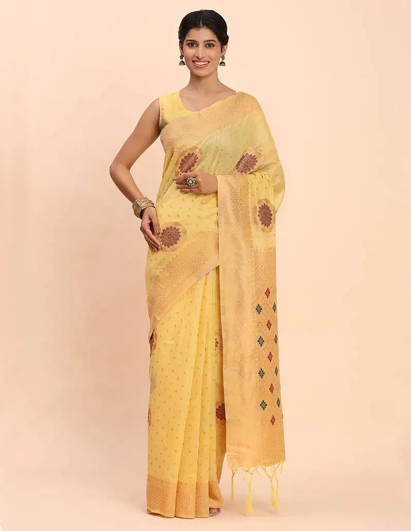 Yellow linen cotton saree with woven pallu butta work and tassels