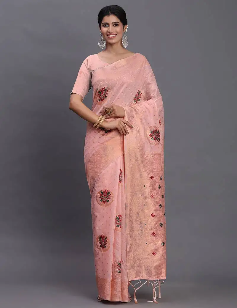 Light pink linen cotton saree with woven pallu butta work and tassels