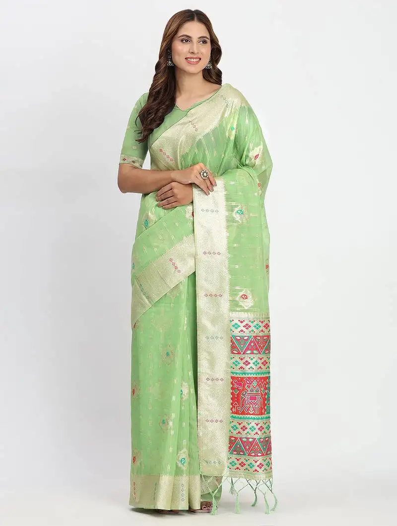 Light green linen saree with multicolor weaving and zari pallu