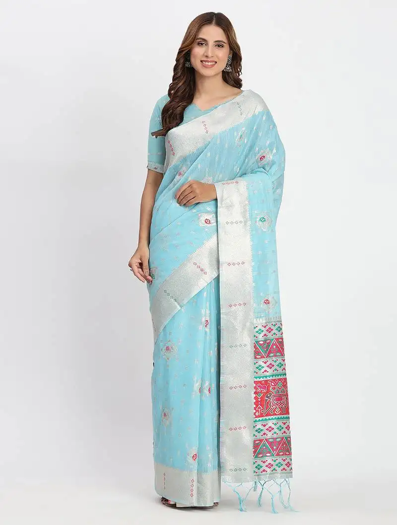Sky blue linen saree with multicolor weaving and zari pallu