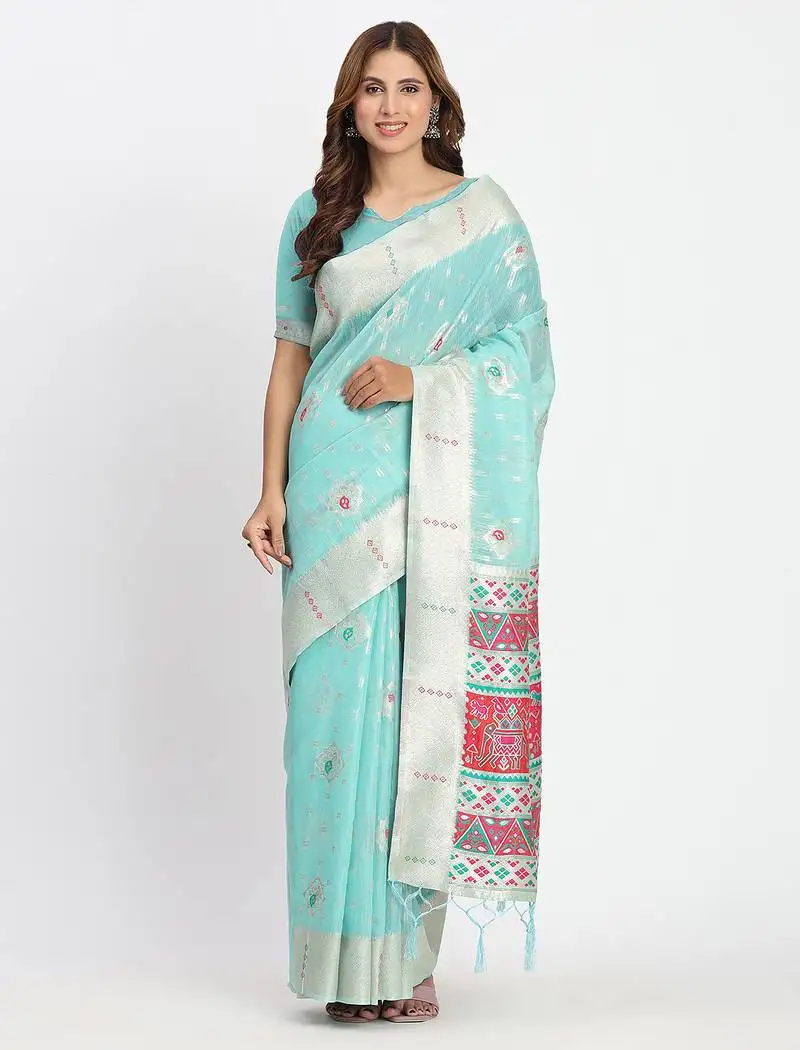 Sea green linen saree with multicolor weaving and zari pallu
