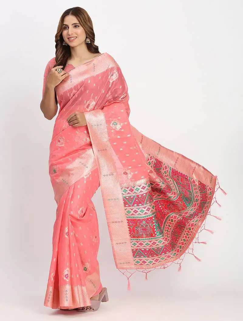 Peach linen saree with multicolor weaving and zari pallu