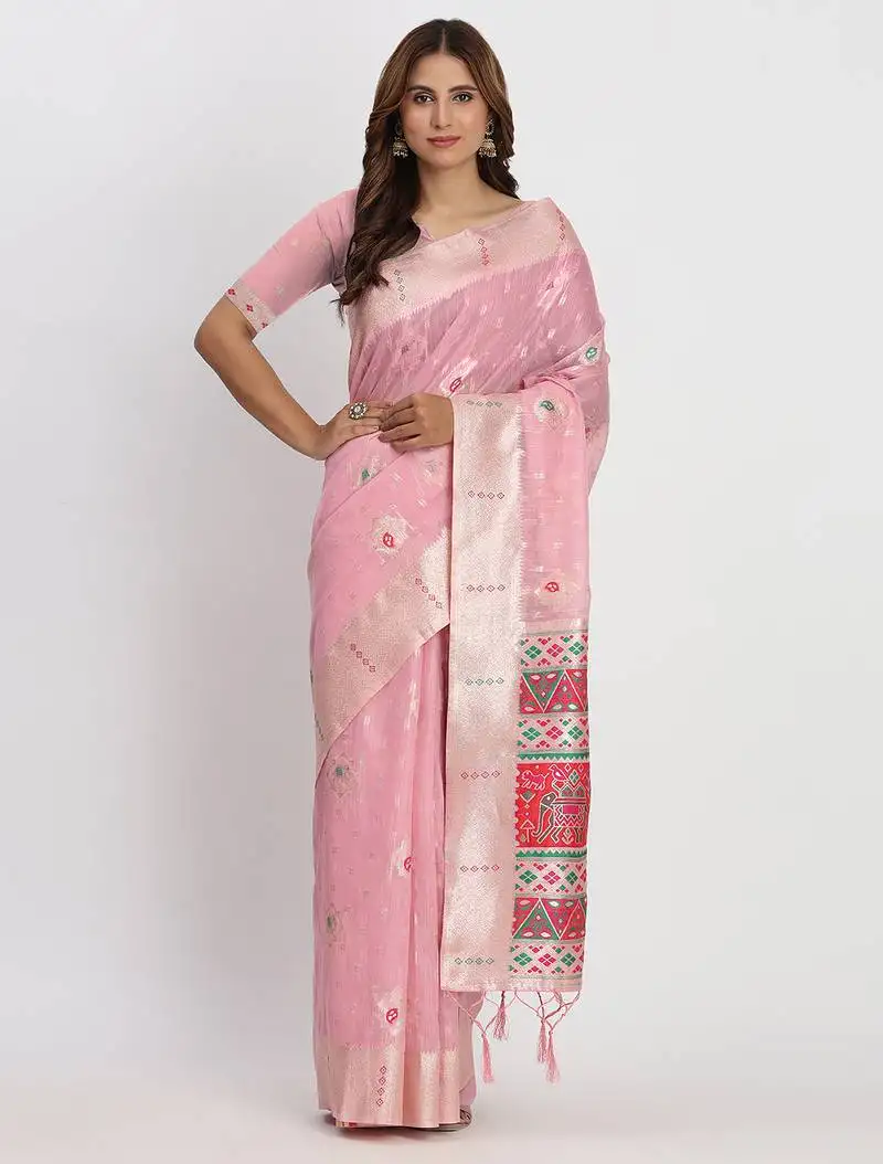 Light pink linen saree with multicolor weaving and zari pallu