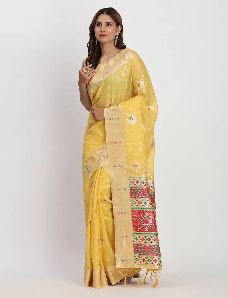 Yellow linen saree with multicolor weaving and zari pallu