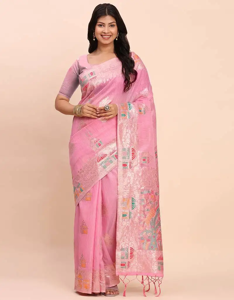 Pink linen saree with multicolor weaving and zari pallu