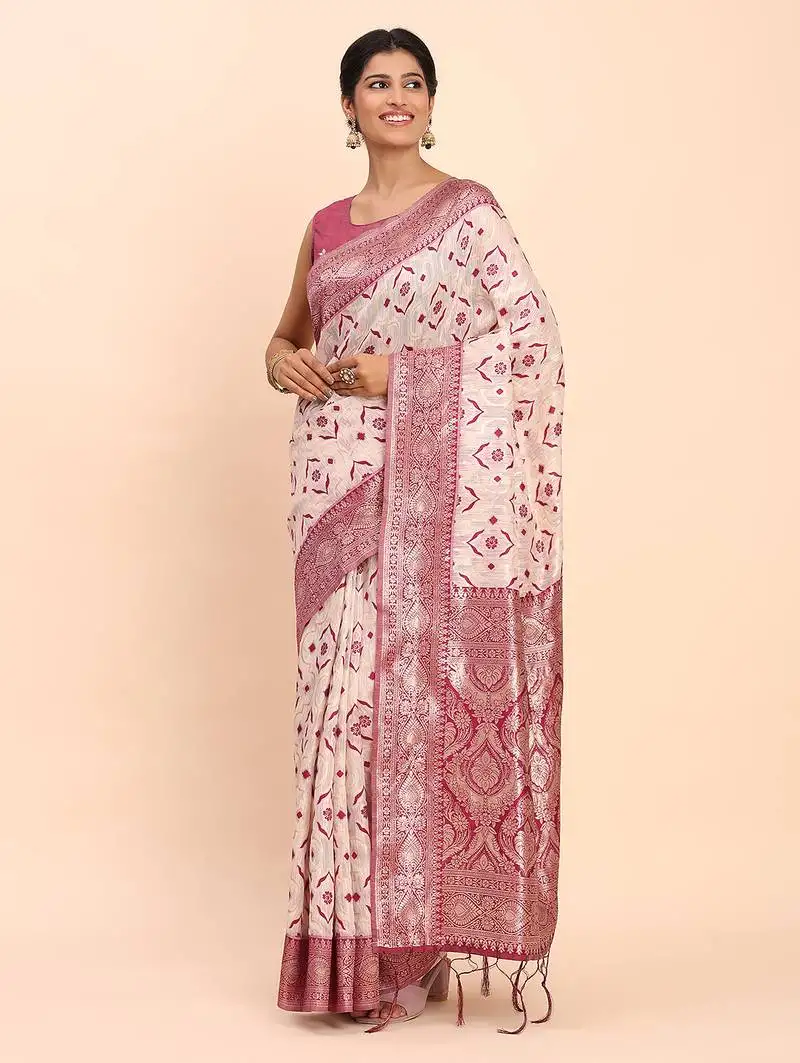 Cream linen cotton saree with purple pallu and contrast blouse piece