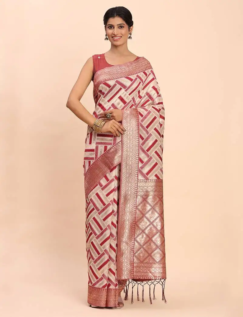 Cream linen cotton saree with maroon pallu and contrast blouse piece