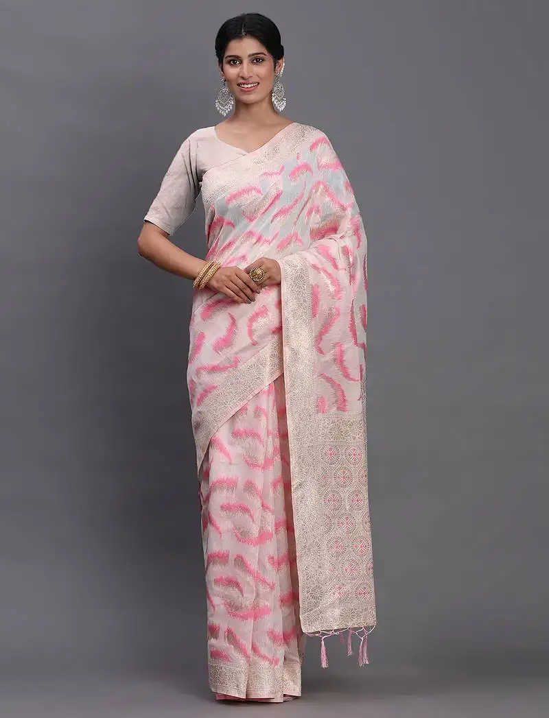 Cream linen cotton saree with light pink pallu and contrast blouse piece